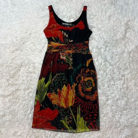 Desigual by Lacroix Dress Floral Print Sheer Sleeveless Size Medium Black Stretc - Picture 2 of 11